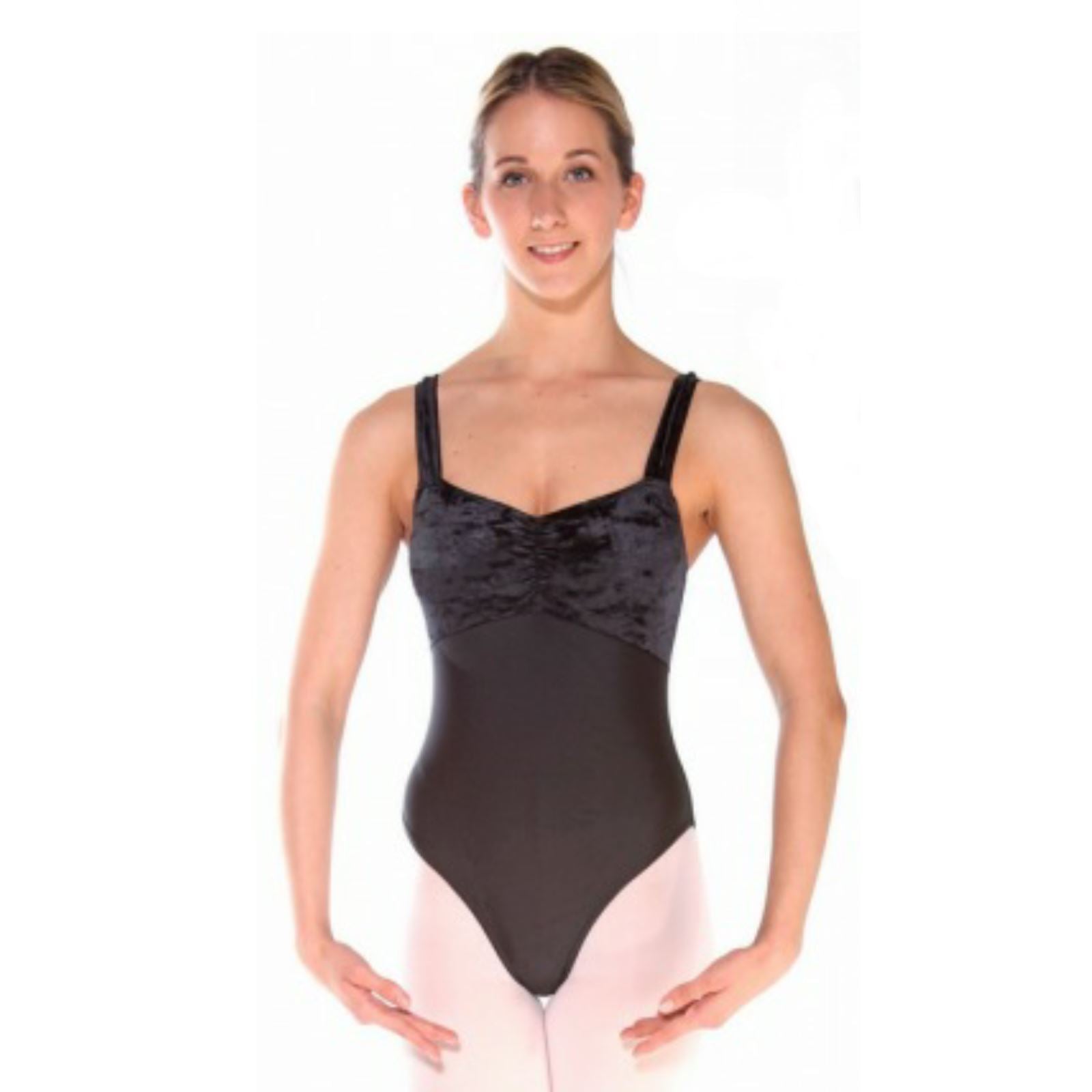 IRIS - BLACK WIDE STRAP RUCHED FRONT LEOTARD - SIZE 6 (DRESS SIZE 14-16)