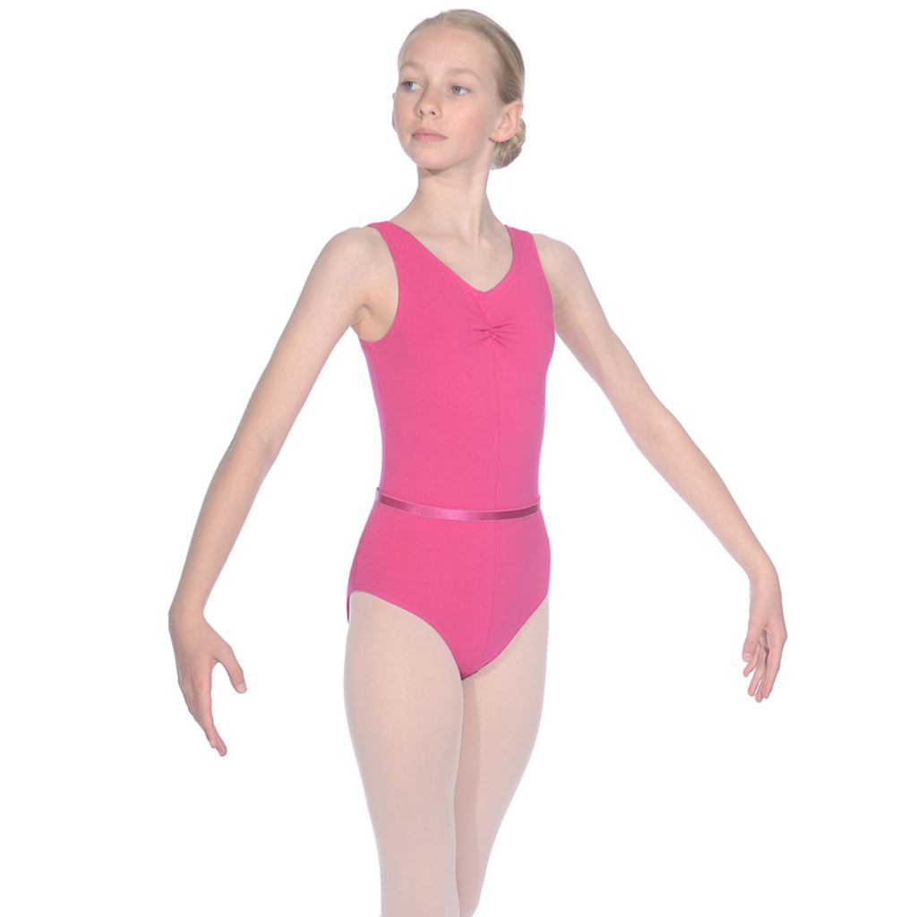 ROCH VALLEY MULBERRY COTTON SLEEVELESS GATHERED FRONT LEOTARD WITH BELT -  GRADES 3, 4 & 5 - SIZE 1