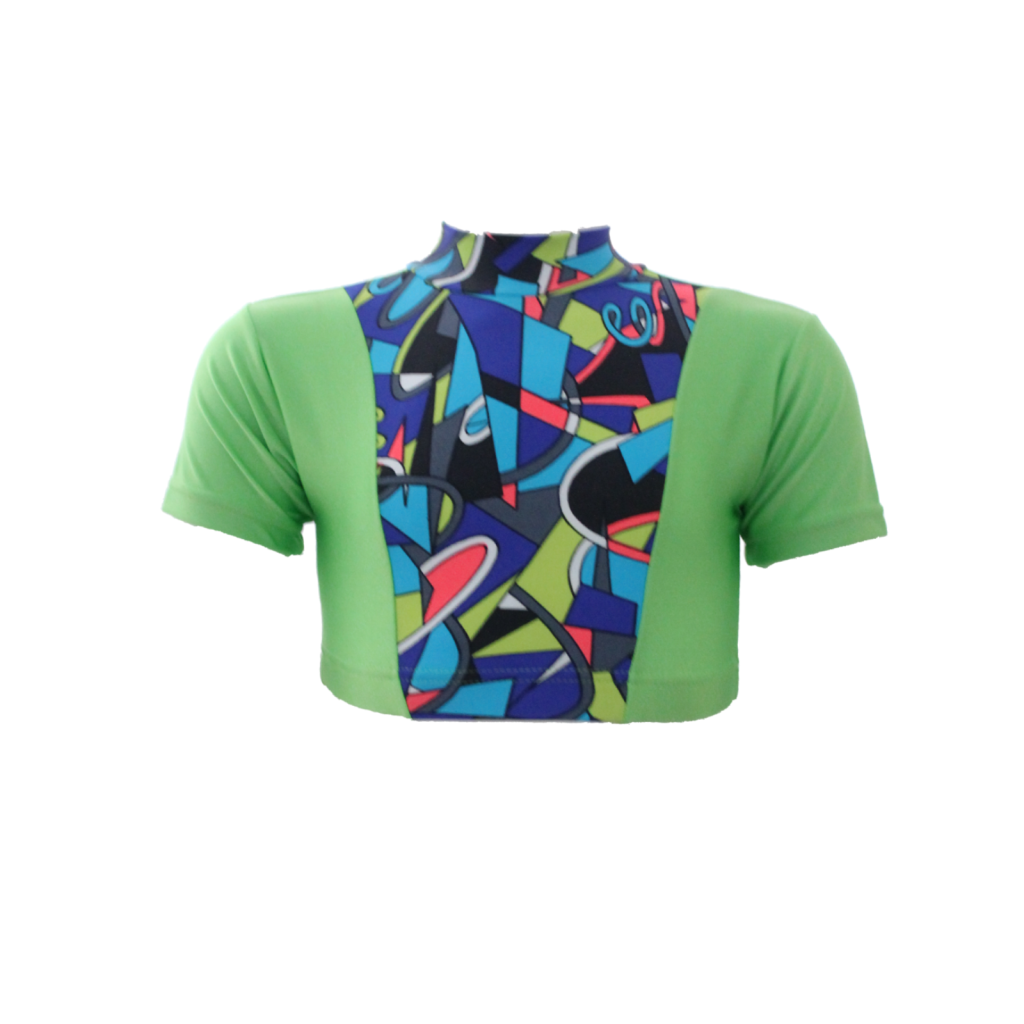 SALE - KERRIE - LIME GREEN + MULTI PANEL SHORT SLEEVE CROP TOP - 0 (Age 4-6)