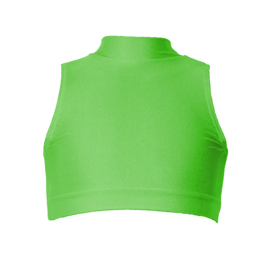 SALE - ROSIE - LYCRA SLEEVELESS POLO NECK CROP TOP - LIME GREEN