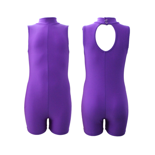 SALE - LIZZIE - LYCRA SLEEVELESS POLO NECK SHORT LEG UNITARD - PURPLE - SIZE 0 (AGE 4-6)