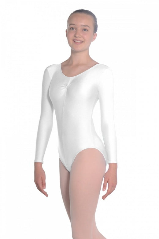 SALE - MARTENE - WHITE LONG SLEEVE LEOTARD WITH FRONT GATHER - SIZE 1