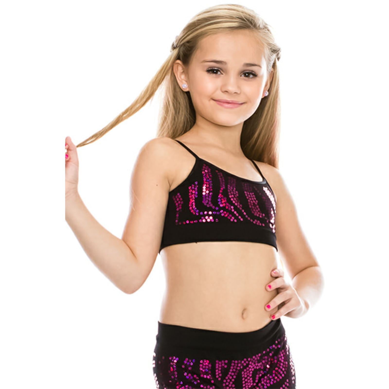 CHILDS ZEBRA SEQUIN SEAMLESS CAMISOLE CROP TOP Dancewear Kurve Fuschia Sequin One Size (Age 4 - 8) 