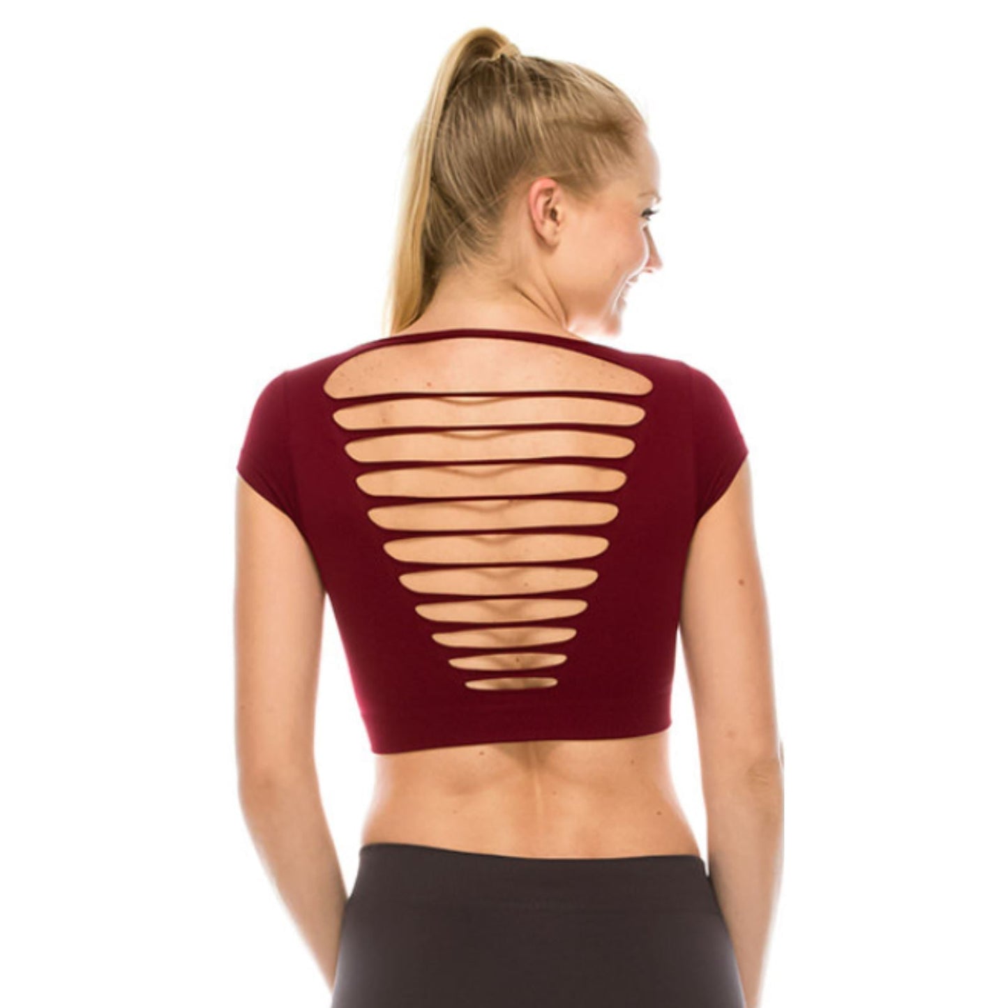 SLASHED BACK CAP SLEEVE CROP TOP Dancewear Kurve Burgundy One Size (Youth - Medium Adult) 